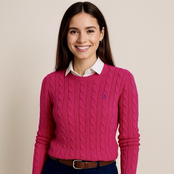 Ralph Lauren Sweater Womens L Hot Pink Cable  Knit Pullover Crewneck Fisherman - Picture 1 of 3